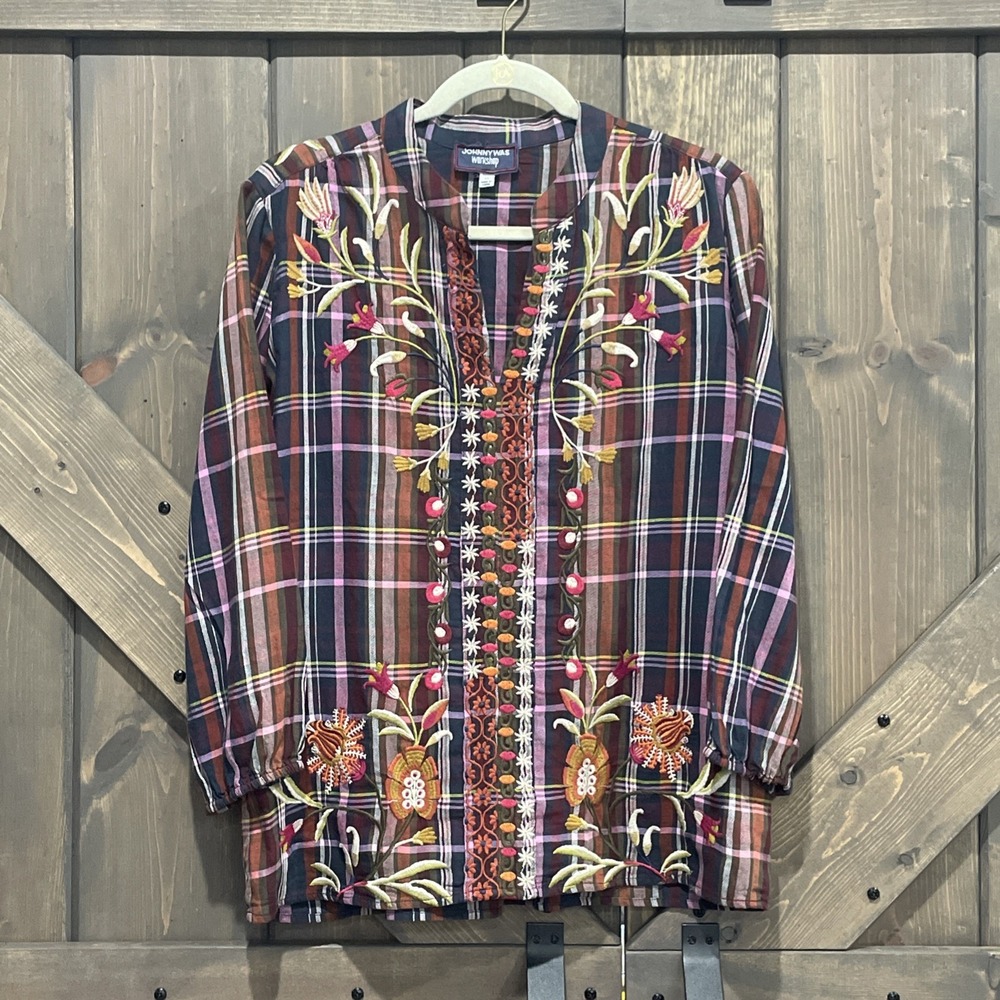 Johnny Was Top Rosalva Paris Blouse Plaid Embroidered Workshop Boho Women's XS - Picture 5 of 13